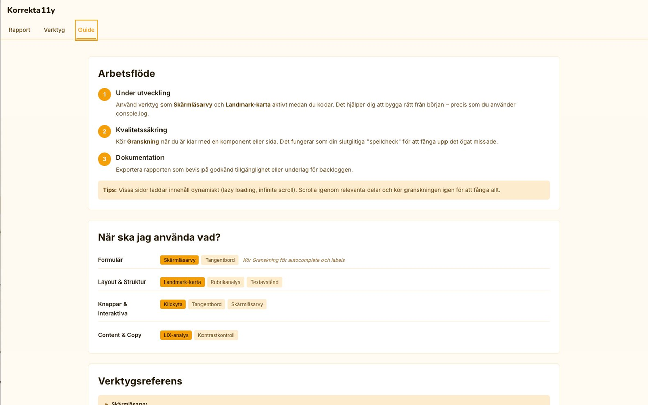 Korrektally-fliken Guide som visar ett arbetsflöde för tillgänglighetsarbete med steg-för-steg-instruktioner.
