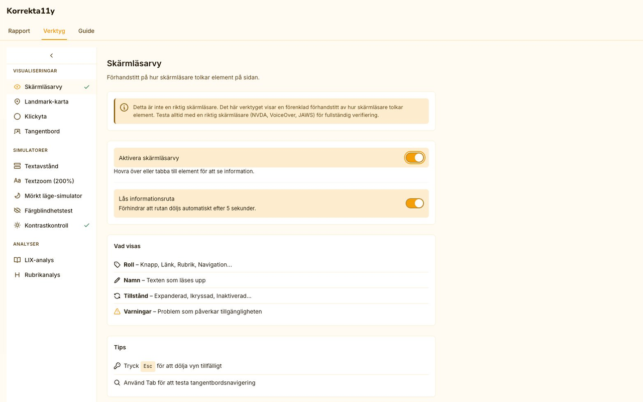 Korrektally-fliken Verktyg som visar skärmläsarvyn, en visualisering av hur sidan upplevs av skärmläsare med fokusordning och ARIA-roller.